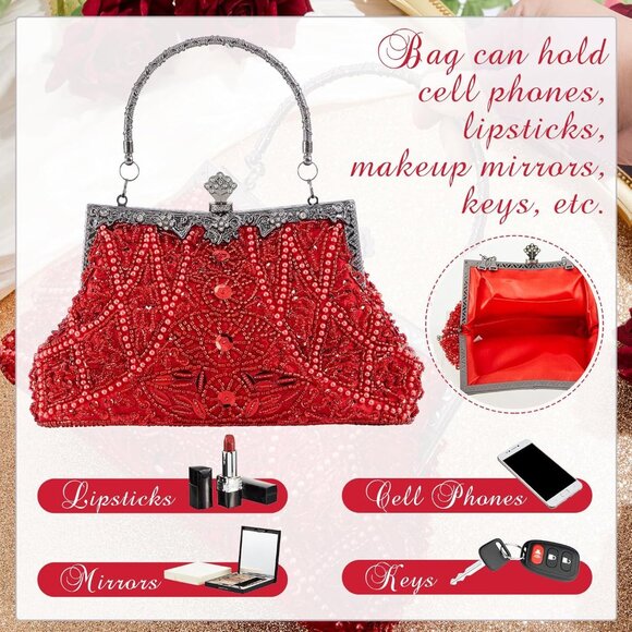 ⚡ Women's Red Rhinestones Vintage Beaded Satin Lining Evening Clutch Bag - Picture 7 of 7